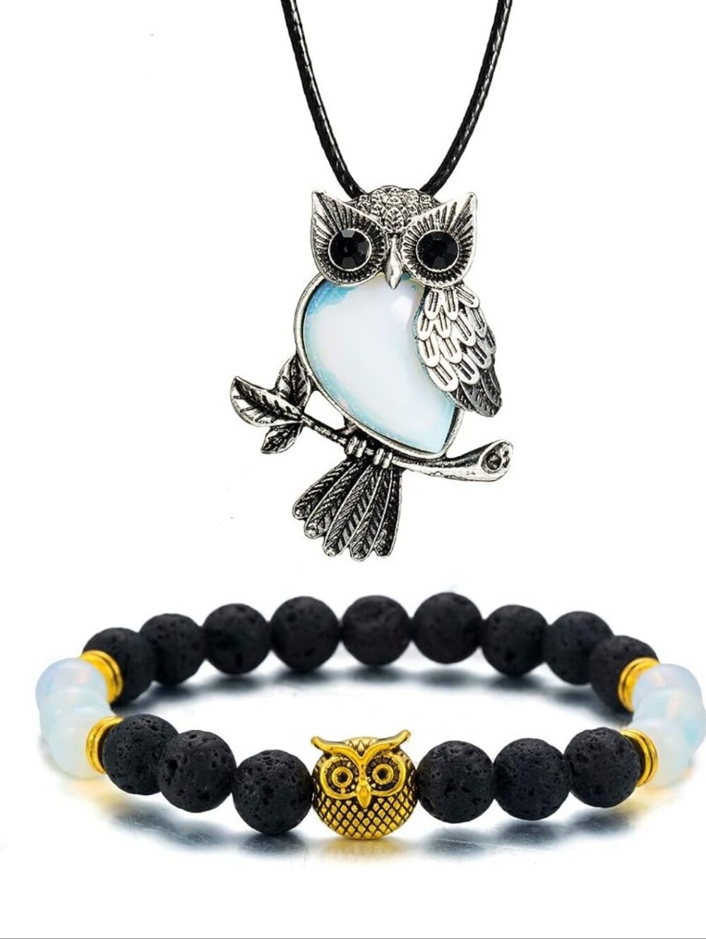 Owl Pendant Necklace & Lava Bead Bracelet Set in Silver, Black and Opal White